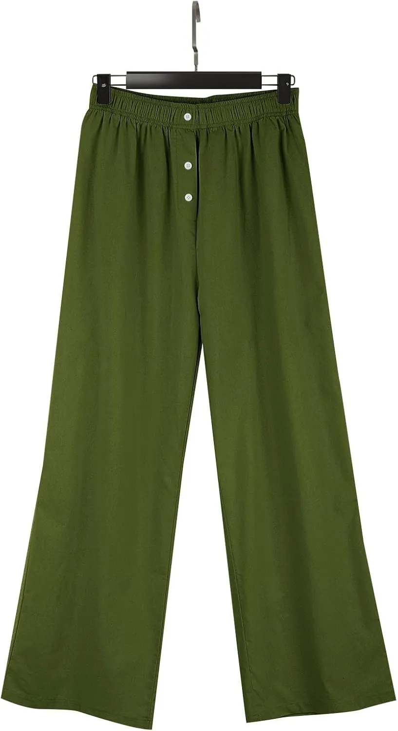 Womens Summer Linen Pants Wide Leg Elastic Waist Button Fly Long Lounge Pants Beach Loose Comfy Palazzo Trousers with Pockets