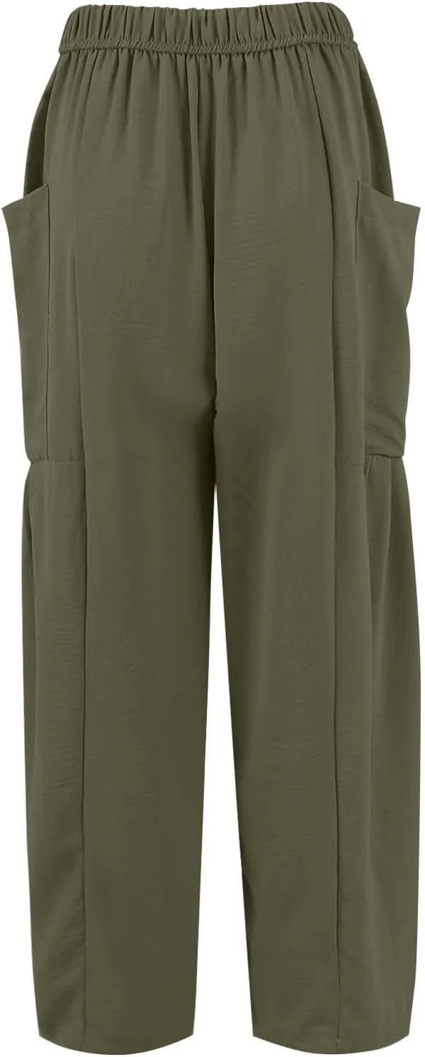 Womens Summer Pants High Waisted Drawstring Pants Wide Leg Casual Loose Baggy Beach Palazzo Trousers with Pockets