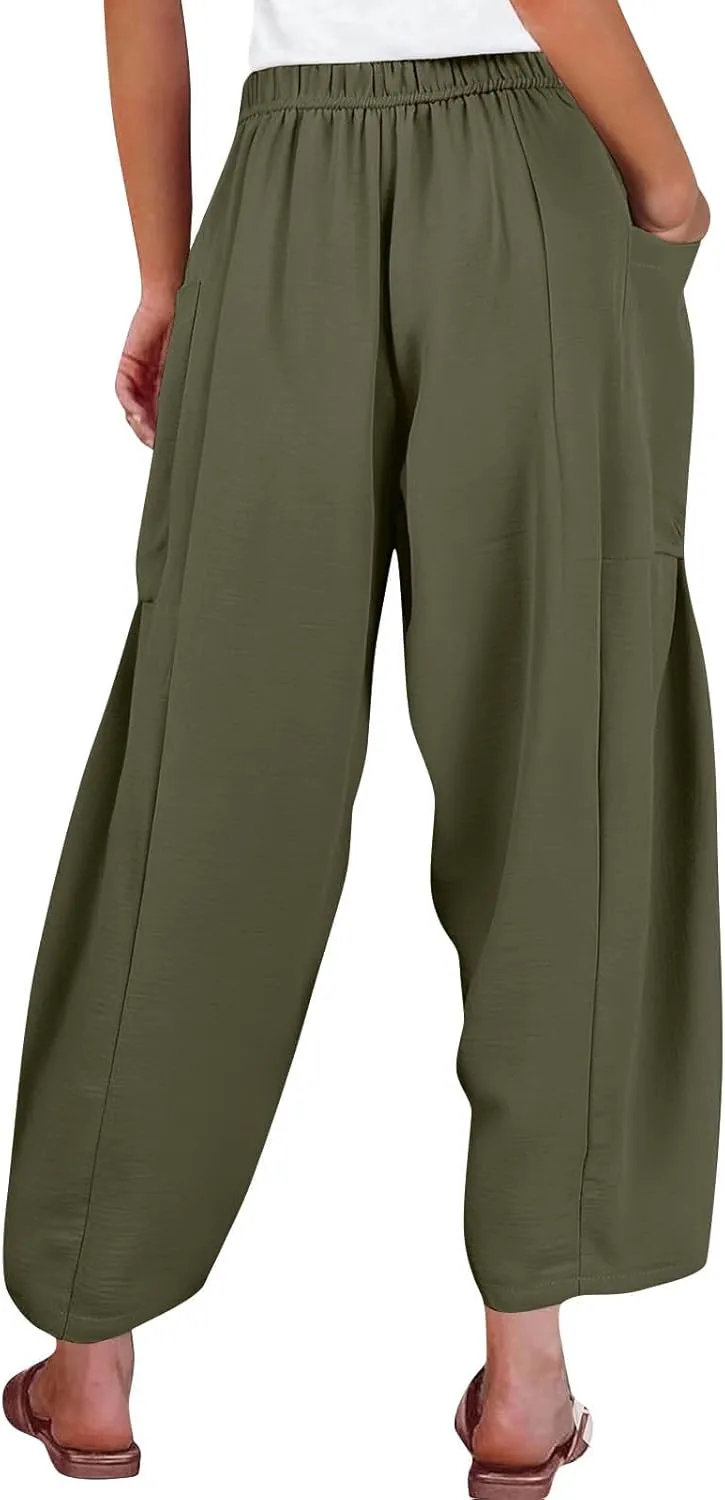 Womens Summer Pants High Waisted Drawstring Pants Wide Leg Casual Loose Baggy Beach Palazzo Trousers with Pockets
