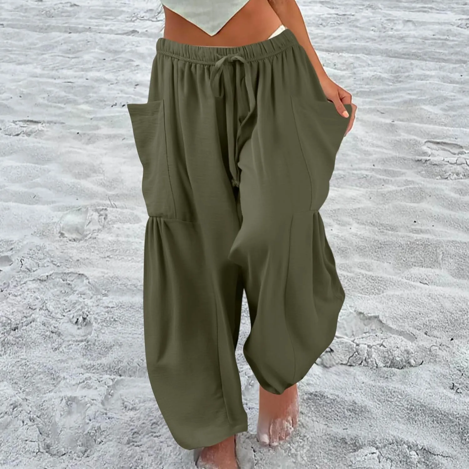 Womens Summer Pants High Waisted Drawstring Pants Wide Leg Casual Loose Baggy Beach Palazzo Trousers with Pockets