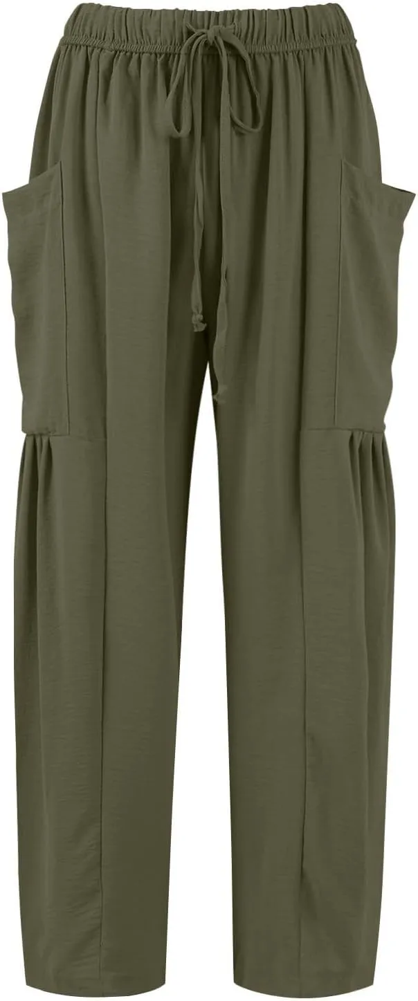 Womens Summer Pants High Waisted Drawstring Pants Wide Leg Casual Loose Baggy Beach Palazzo Trousers with Pockets