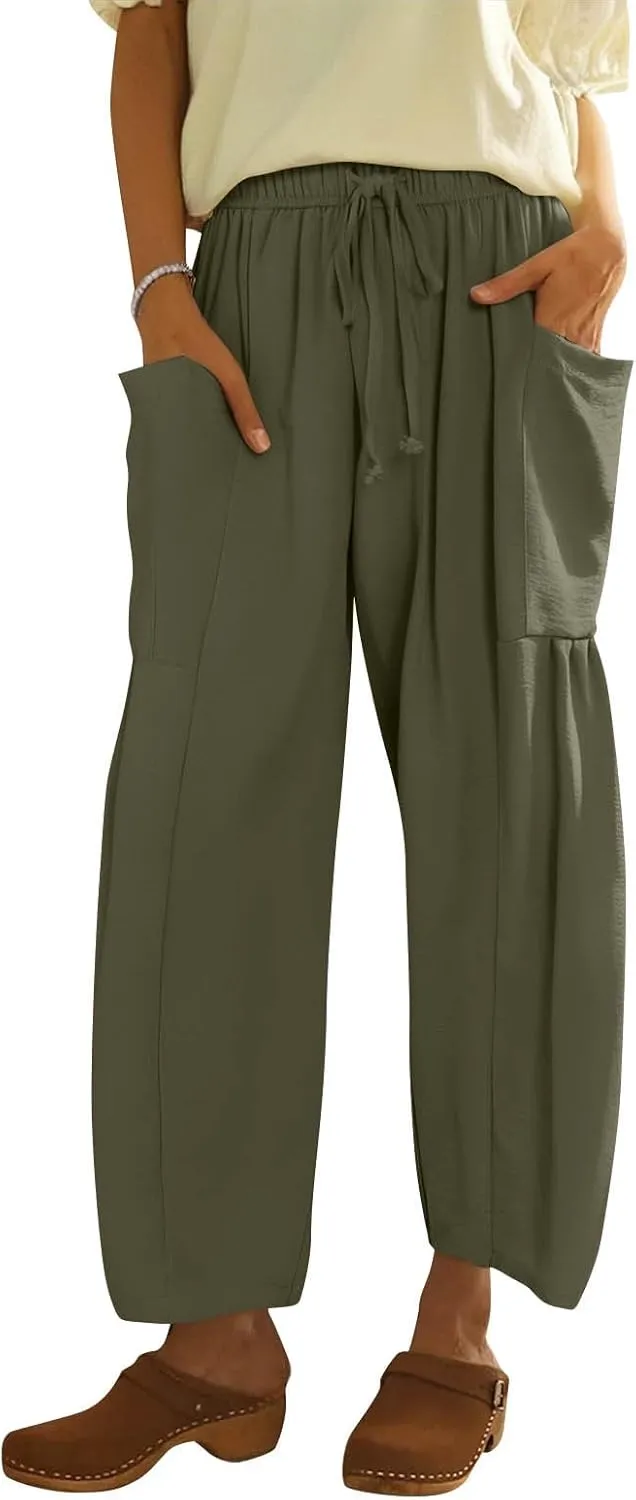 Womens Summer Pants High Waisted Drawstring Pants Wide Leg Casual Loose Baggy Beach Palazzo Trousers with Pockets