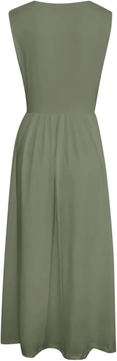 Women's Summer Sleeveless Midi Sundress Swing Casual Flowy Tiered Shirts Dress Beach Travel Vacation Outfits with Pockets