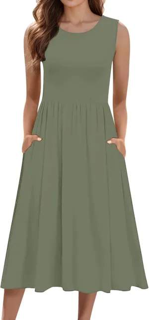 Women's Summer Sleeveless Midi Sundress Swing Casual Flowy Tiered Shirts Dress Beach Travel Vacation Outfits with Pockets