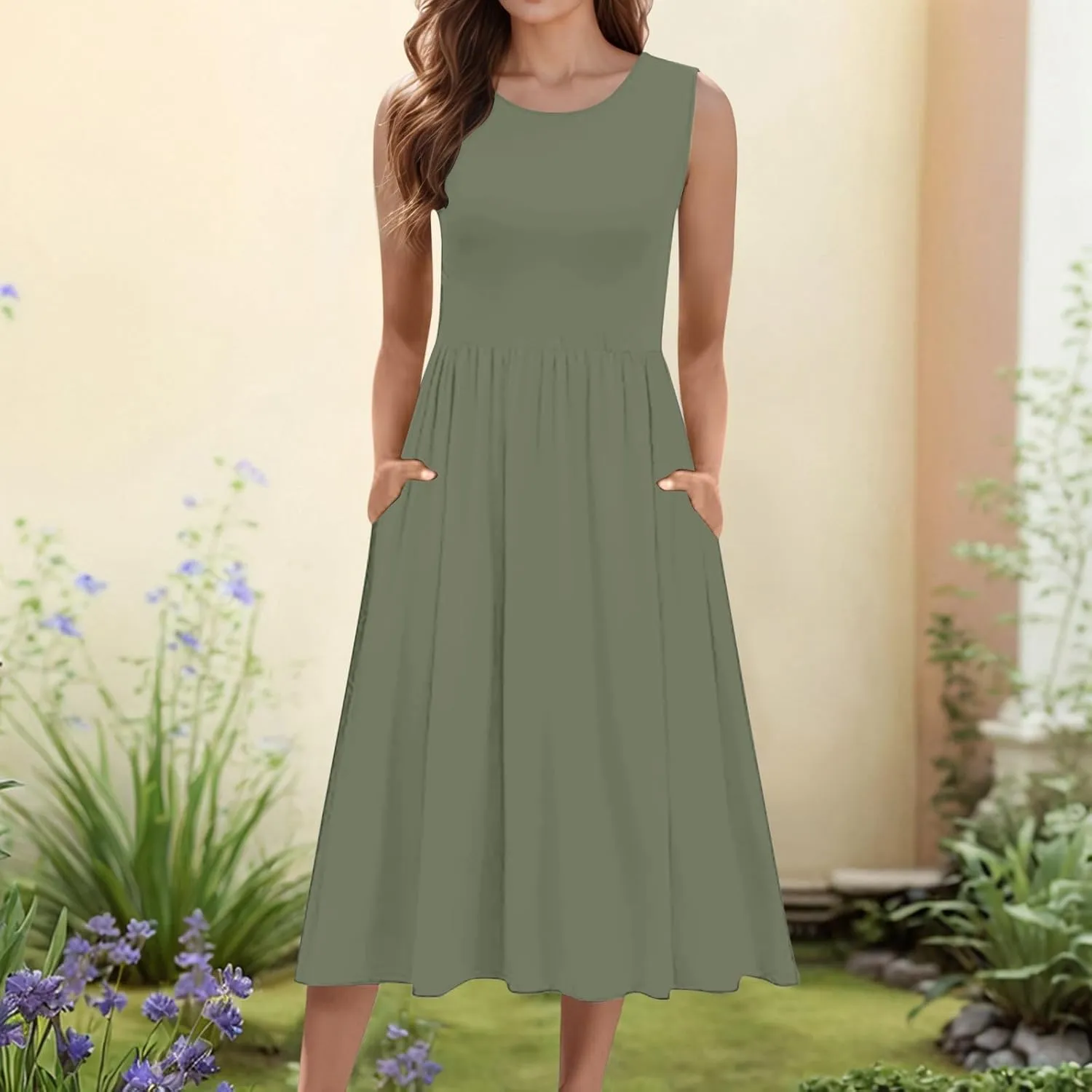 Women's Summer Sleeveless Midi Sundress Swing Casual Flowy Tiered Shirts Dress Beach Travel Vacation Outfits with Pockets