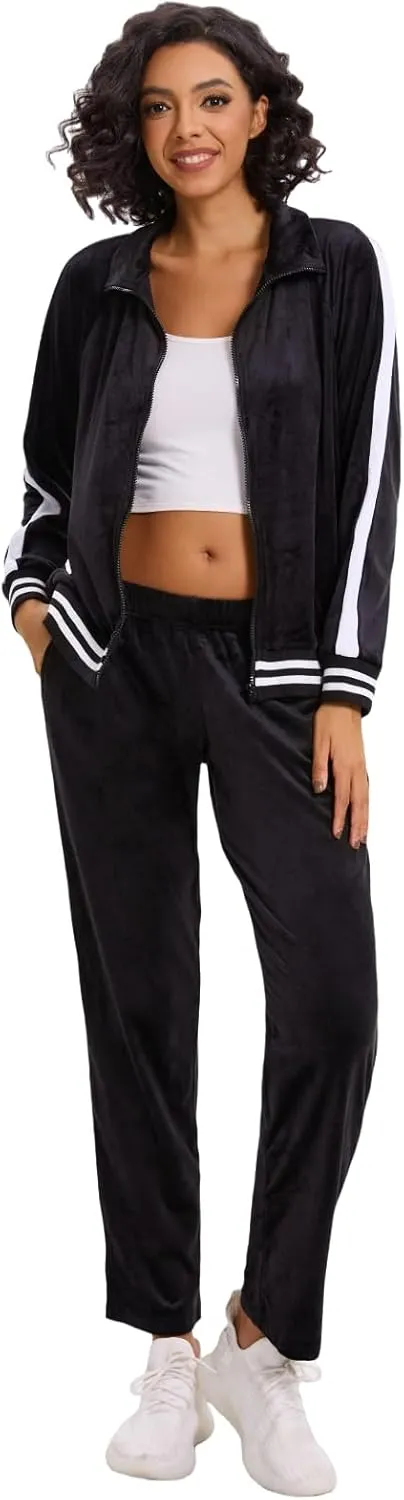 Women's Velour Tracksuit Zip-Up Jacket and Jogger Pants with Pockets Sweatsuit Loungewear Set 2 Piece Loose Fit