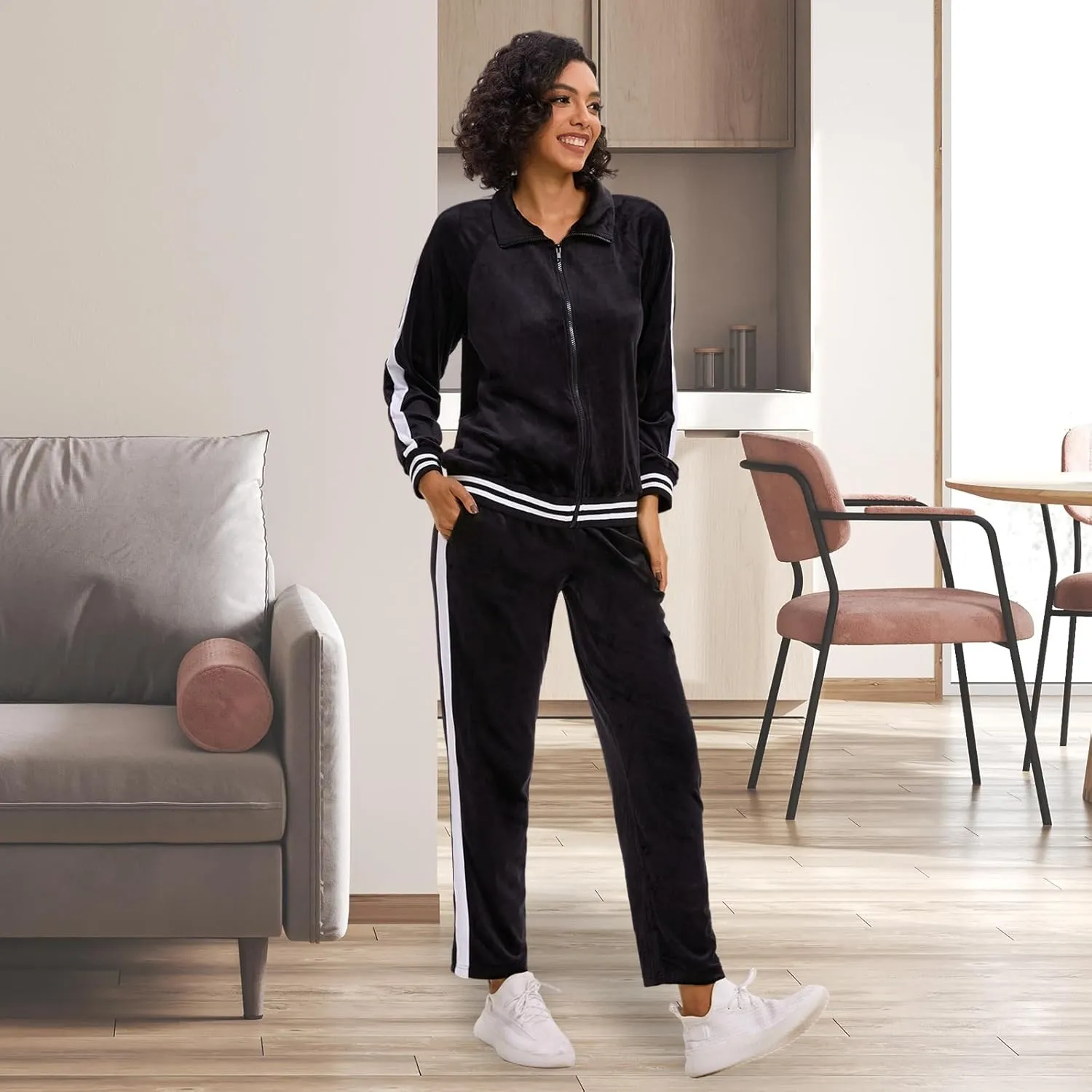 Women's Velour Tracksuit Zip-Up Jacket and Jogger Pants with Pockets Sweatsuit Loungewear Set 2 Piece Loose Fit