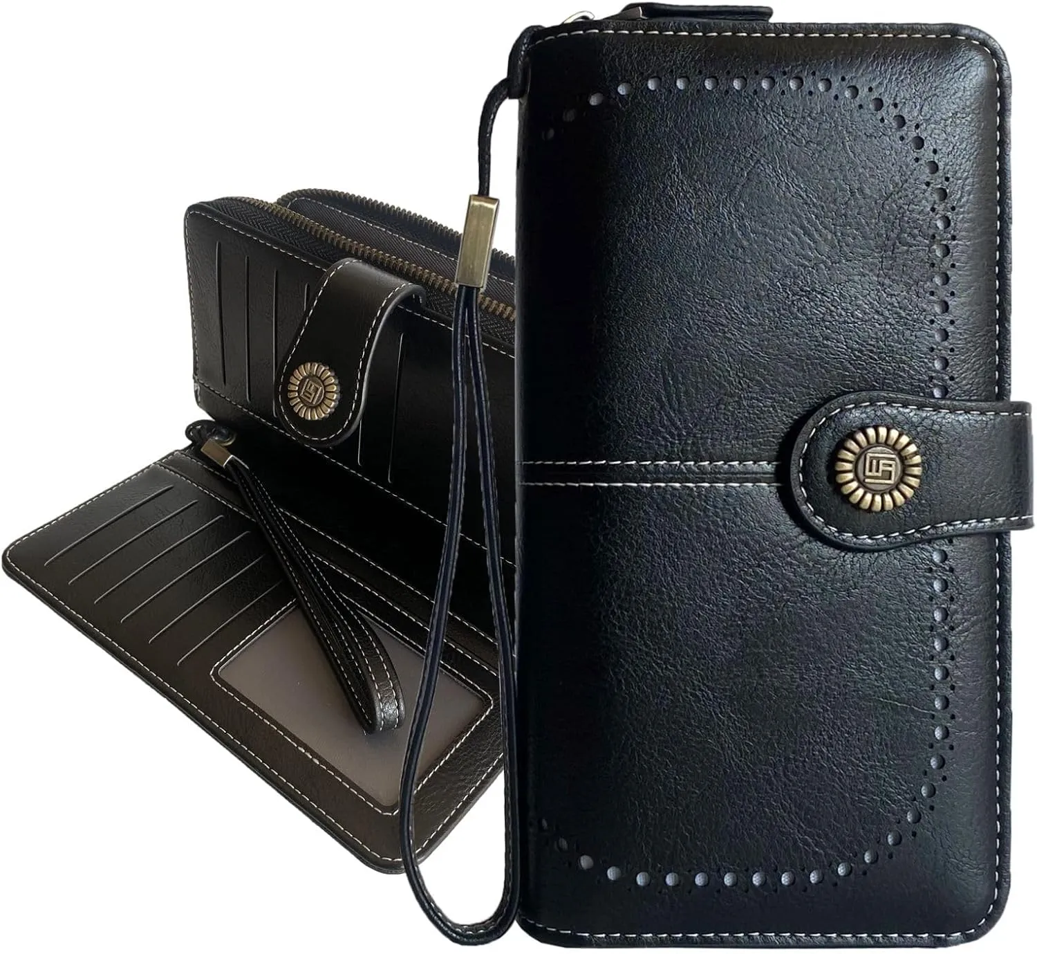 Womens Wallet Leather Wristlet Wallets For Women Phone Clutch Large Capacity Long Billfolds Bifold Zipper Purse Credit Card Wallet For Ladies (Black)