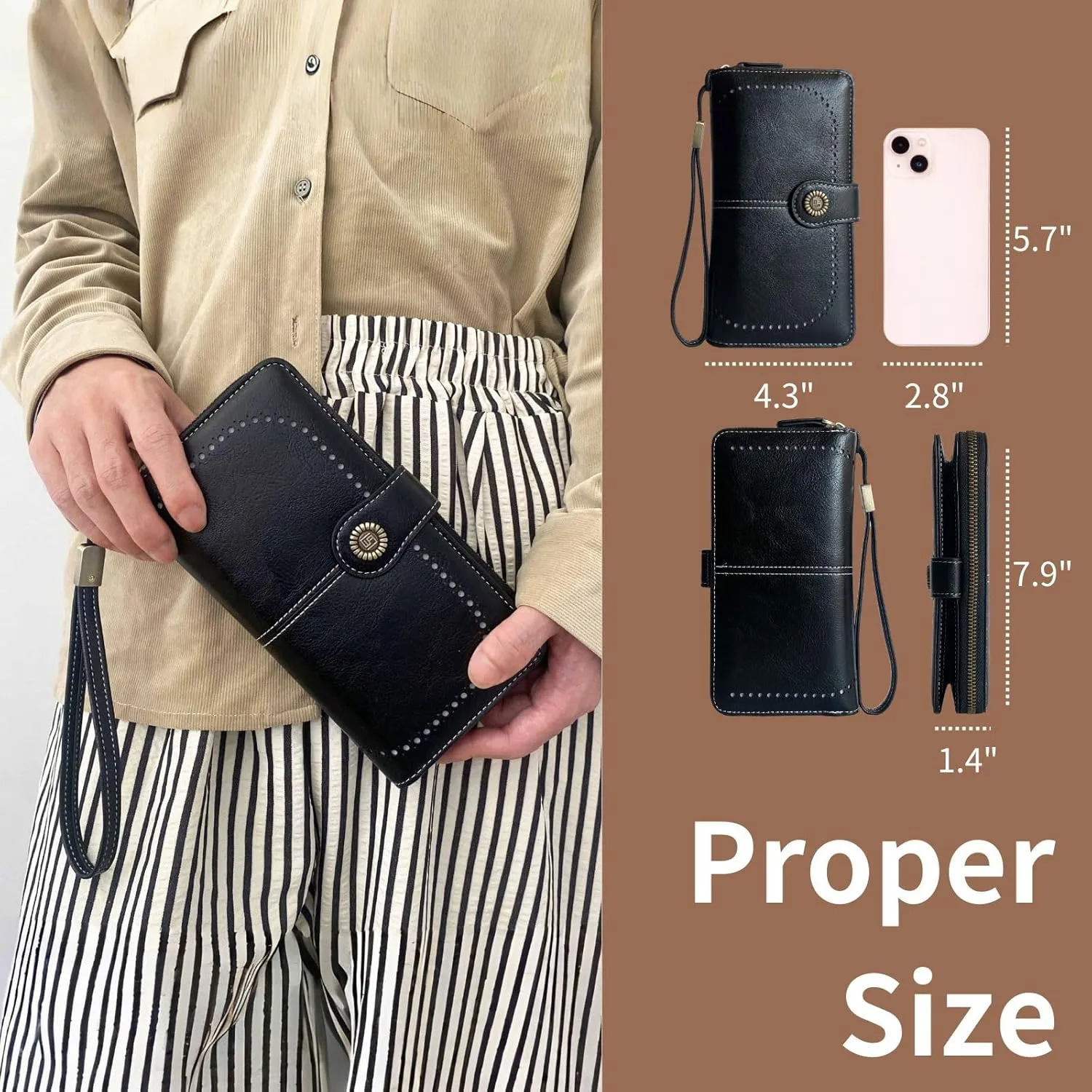 Womens Wallet Leather Wristlet Wallets For Women Phone Clutch Large Capacity Long Billfolds Bifold Zipper Purse Credit Card Wallet For Ladies (Black)