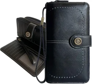 Womens Wallet Leather Wristlet Wallets For Women Phone Clutch Large Capacity Long Billfolds Bifold Zipper Purse Credit Card Wallet For Ladies (Black)