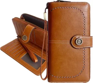 Womens Wallet Leather Wristlet Wallets For Women Phone Clutch Large Capacity Long Billfolds Bifold Zipper Purse Credit Card Wallet For Ladies (Brown)