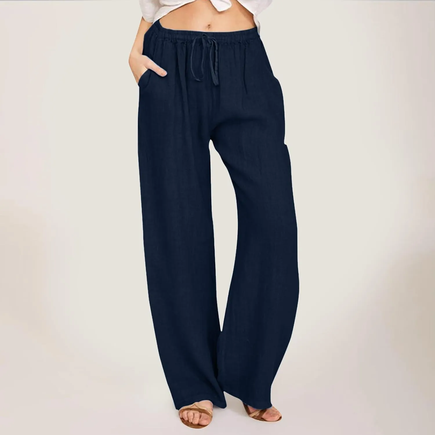 Womens Wide Leg Linen Pants Beach Casual High Waisted Palazzo Pant Comfy Ruched Trouser with Pocket