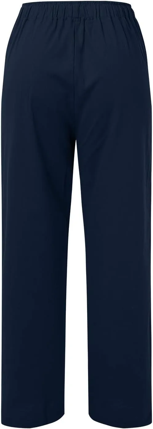 Womens Wide Leg Linen Pants Beach Casual High Waisted Palazzo Pant Comfy Ruched Trouser with Pocket