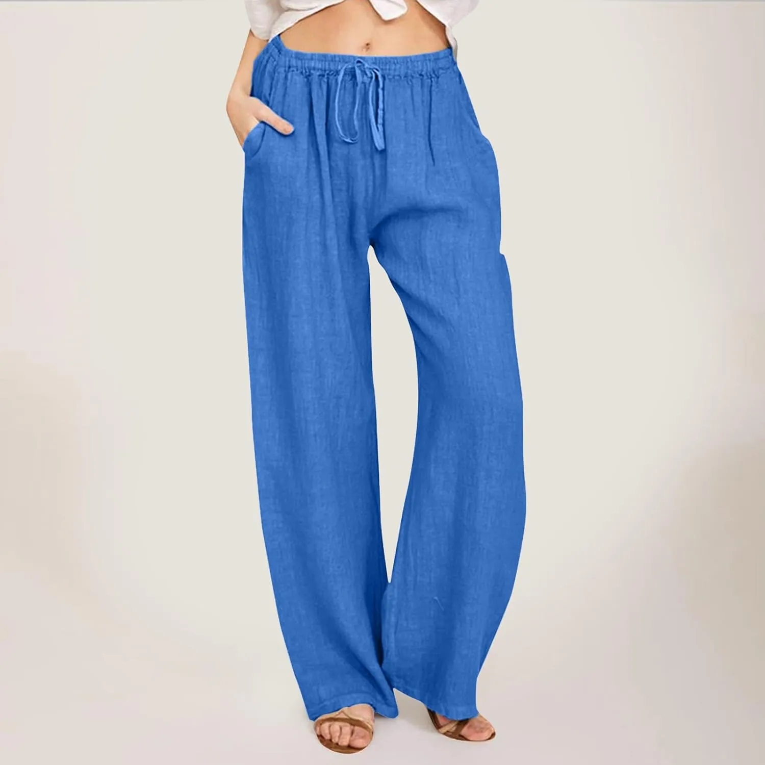 Womens Wide Leg Linen Pants Beach Casual High Waisted Palazzo Pant Comfy Ruched Trouser with Pocket