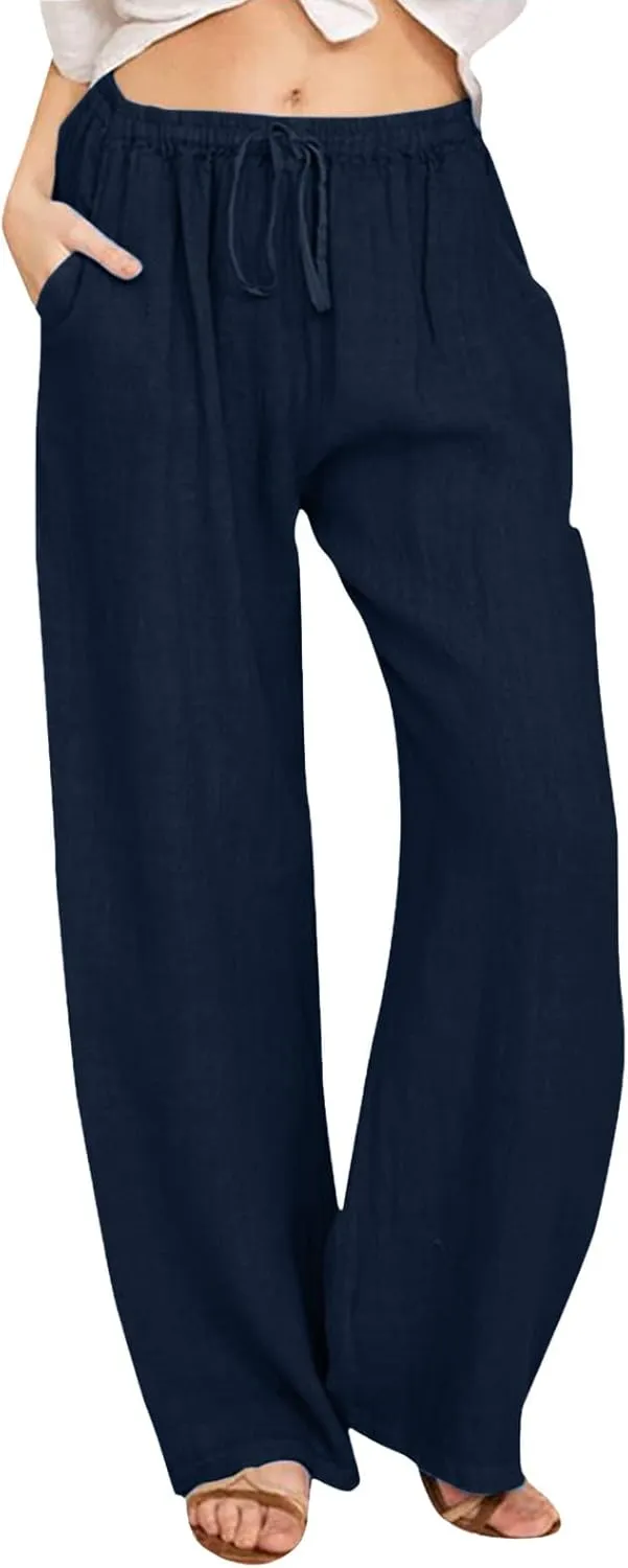 Womens Wide Leg Linen Pants Beach Casual High Waisted Palazzo Pant Comfy Ruched Trouser with Pocket