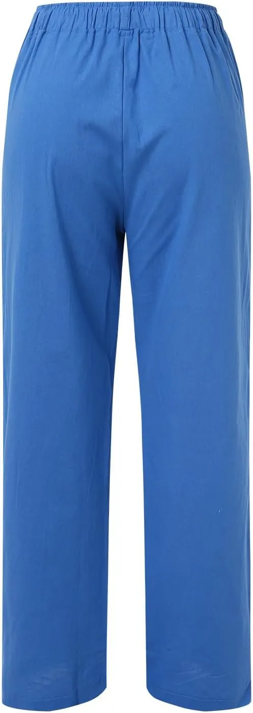 Womens Wide Leg Linen Pants Beach Casual High Waisted Palazzo Pant Comfy Ruched Trouser with Pocket
