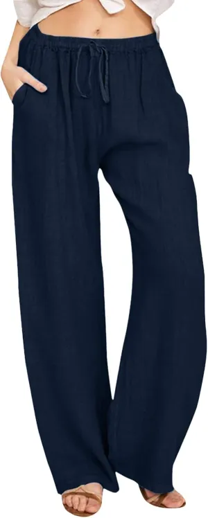 Womens Wide Leg Linen Pants Beach Casual High Waisted Palazzo Pant Comfy Ruched Trouser with Pocket
