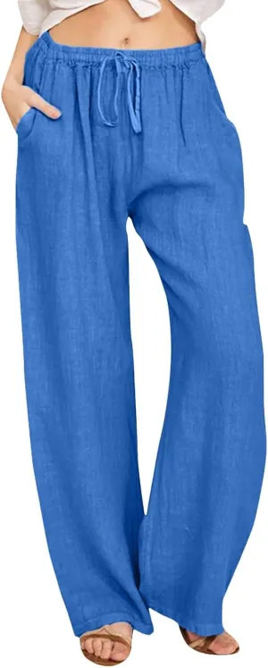 Womens Wide Leg Linen Pants Beach Casual High Waisted Palazzo Pant Comfy Ruched Trouser with Pocket