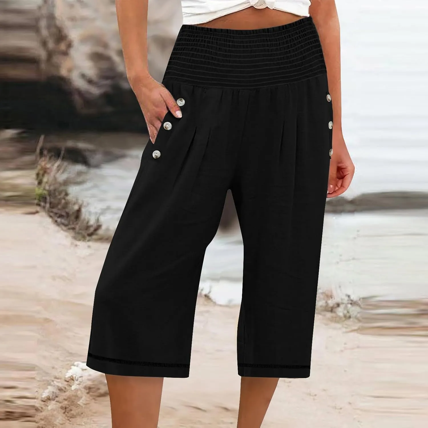 Women's Wide Leg Linen Pants Dressy High Waist Palazzo Pant Plus Size Button Down Trouser with Pocket