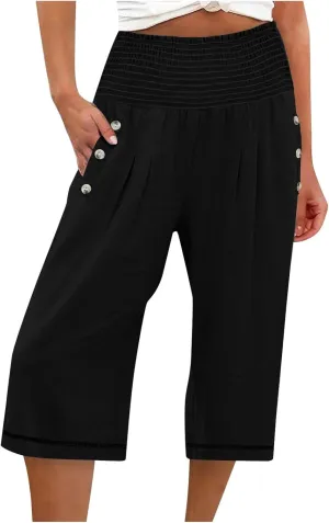 Women's Wide Leg Linen Pants Dressy High Waist Palazzo Pant Plus Size Button Down Trouser with Pocket