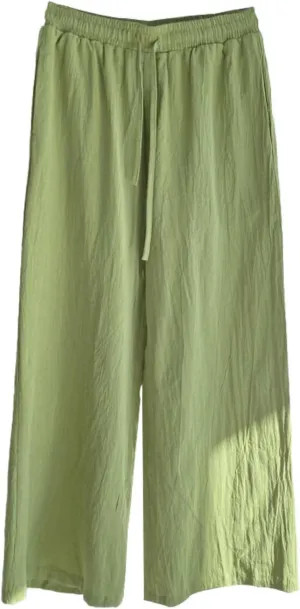 Women's Wide Leg Linen Pants, Plus Size Drawstring High Waisted Cotton Linen Pants Summer Casual Palazzo Trousers