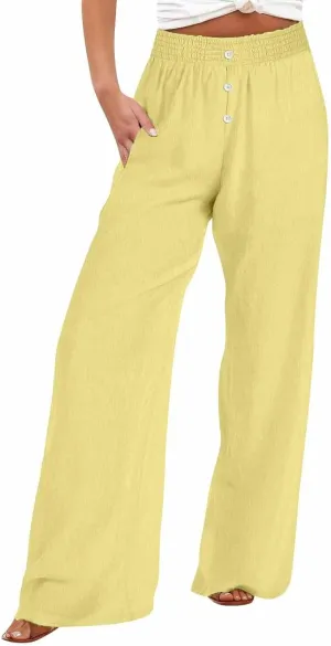 Womens Wide Leg Palazzo Pants Cotton-Linen High Waisted Button Trousers Summer Casual Long Lounge Pant