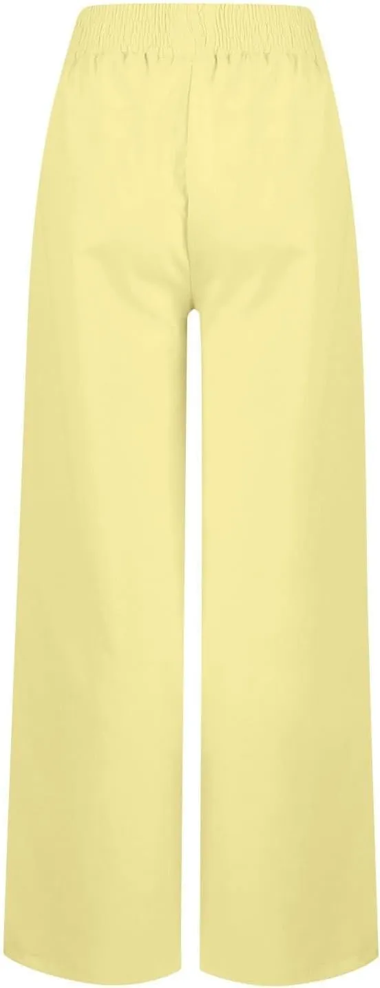 Womens Wide Leg Palazzo Pants Cotton-Linen High Waisted Button Trousers Summer Casual Long Lounge Pant