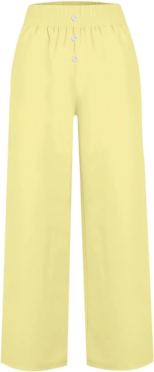 Womens Wide Leg Palazzo Pants Cotton-Linen High Waisted Button Trousers Summer Casual Long Lounge Pant