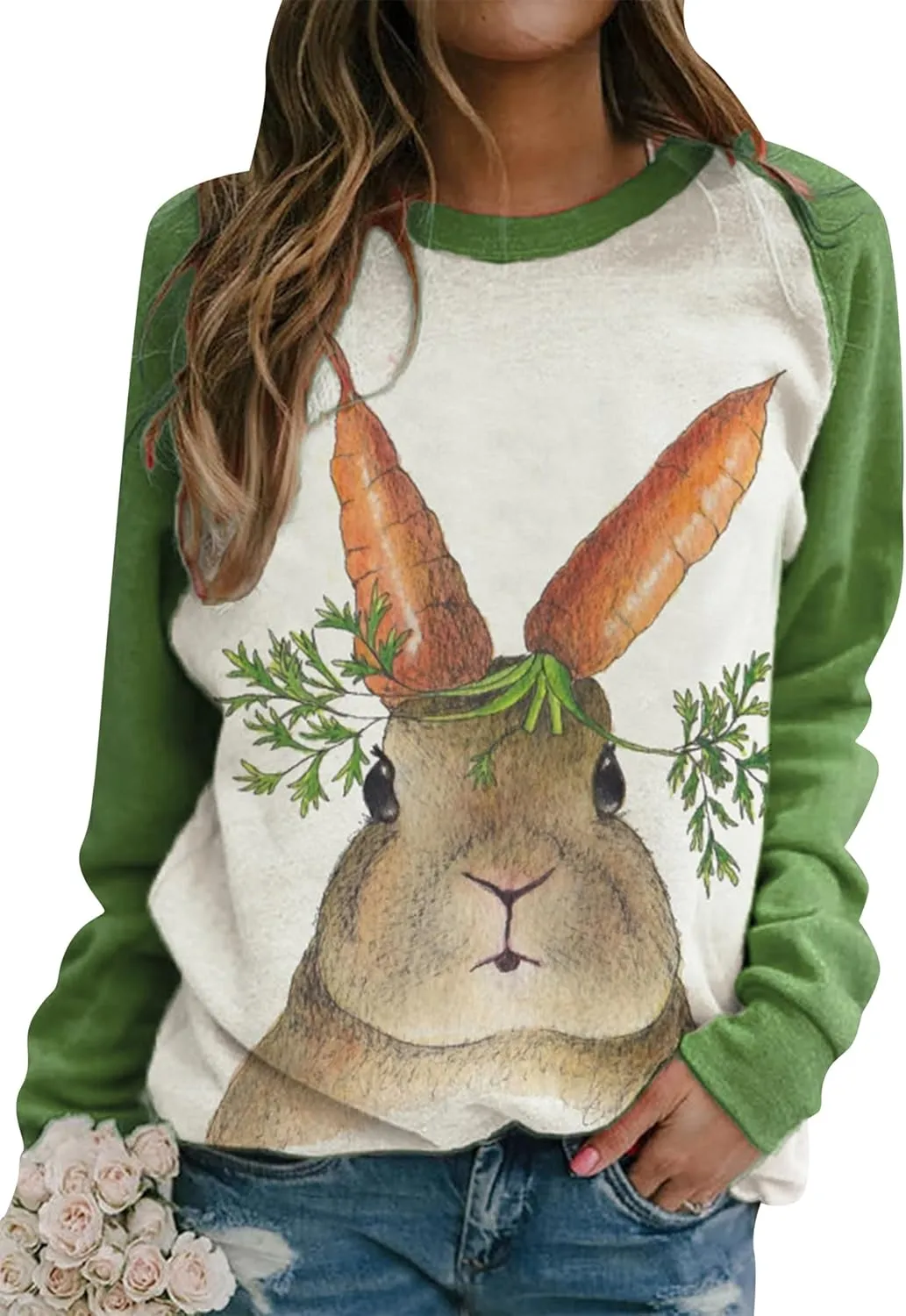 YMING Womens Easter Day Crew Neck Sweatshirt Bunny Printed Long Sleeve Pullover Cute Rabbit Shirt Tops Plus Size
