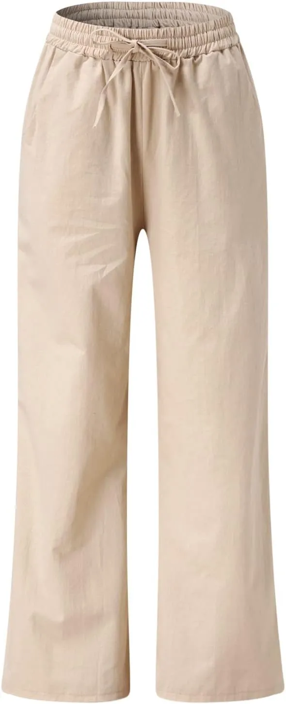 YOLAI Women's Cotton Linen Loose Pants Casual Wide Leg Trouser Solid Color High Waist Drawstring Trousers with Pockets