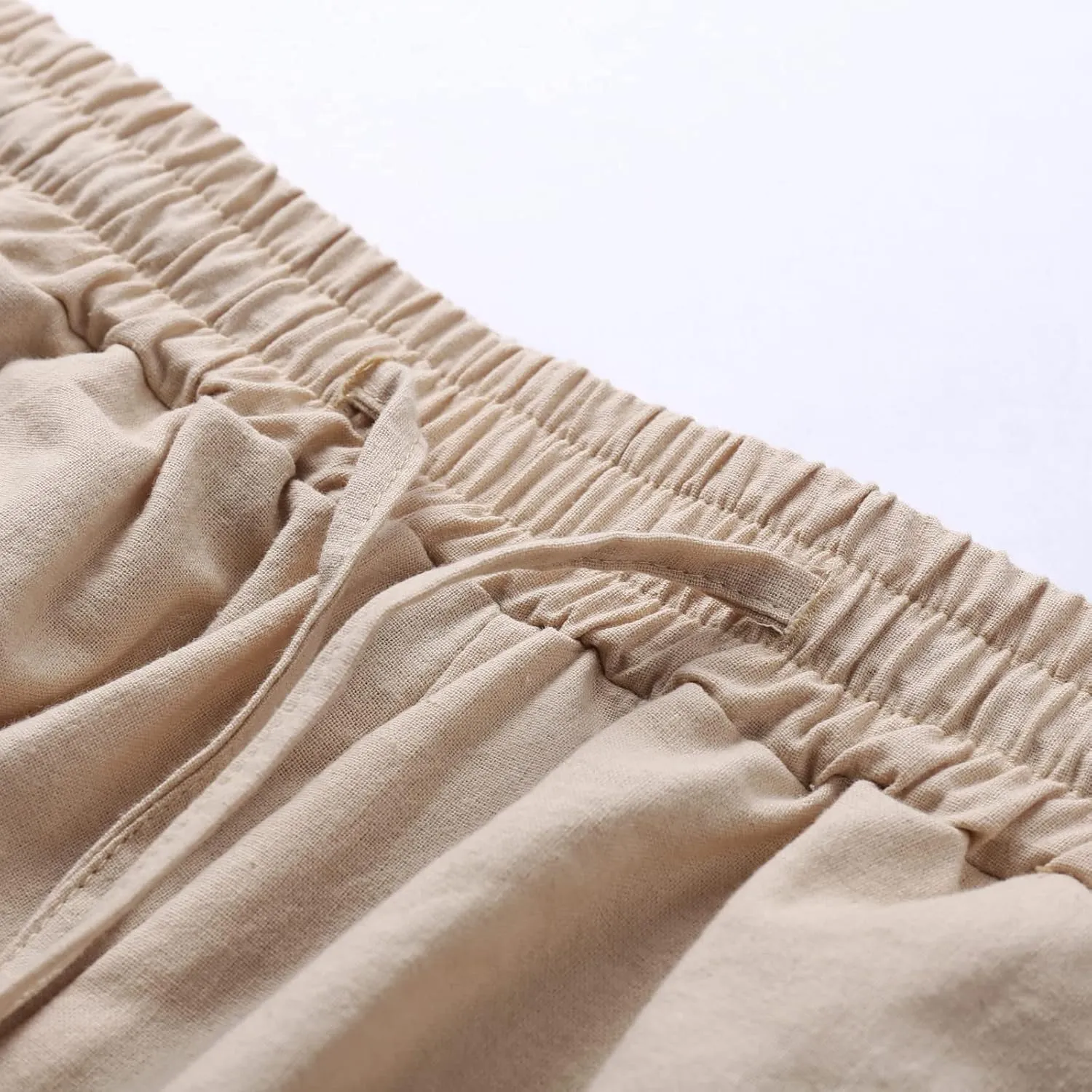YOLAI Women's Cotton Linen Loose Pants Casual Wide Leg Trouser Solid Color High Waist Drawstring Trousers with Pockets