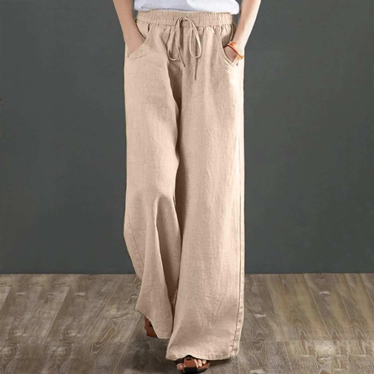 YOLAI Women's Cotton Linen Loose Pants Casual Wide Leg Trouser Solid Color High Waist Drawstring Trousers with Pockets
