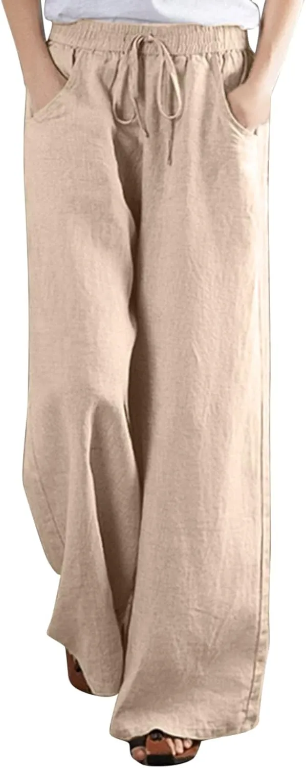 YOLAI Women's Cotton Linen Loose Pants Casual Wide Leg Trouser Solid Color High Waist Drawstring Trousers with Pockets
