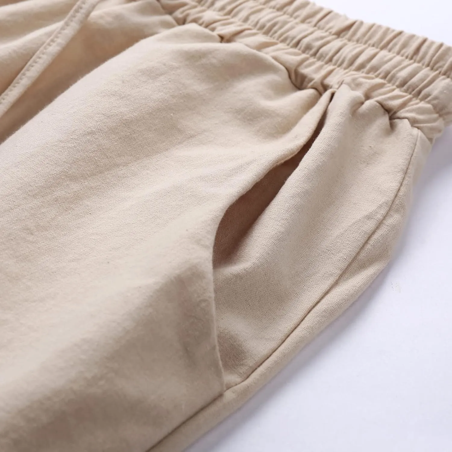 YOLAI Women's Cotton Linen Loose Pants Casual Wide Leg Trouser Solid Color High Waist Drawstring Trousers with Pockets