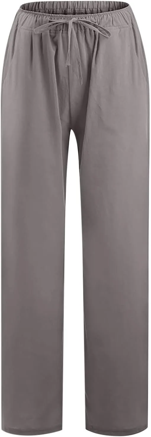 YRAETENM Casual Linen Pants for Women Wide Leg Baggy Flowy Beach Trousers Summer Elastic High Waisted Palazzo Pants