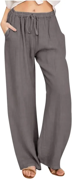 YRAETENM Casual Linen Pants for Women Wide Leg Baggy Flowy Beach Trousers Summer Elastic High Waisted Palazzo Pants