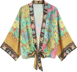 ZAFUL Women's Boho Cover Ups Floral Print Batwing Sleeve Blouse Loose Kimono Cardigan Shirts Knot Front Tops