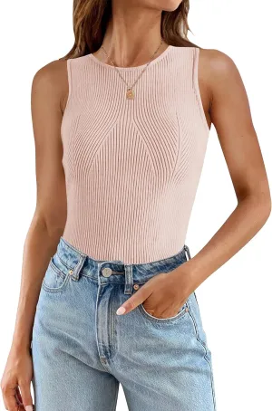 ZESICA Womens 2025 Ribbed Tank Tops Summer Sleeveless High Neck Casual Slim Fitted Basic Knit Shirts