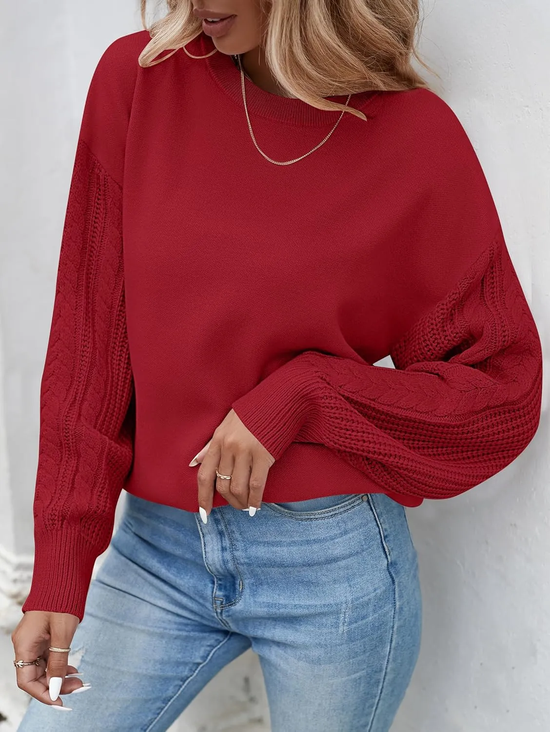 ZESICA Women's Fall Long Sleeve Crew Neck Solid Color Cable Knit Chunky Casual Oversized Pullover Sweater Tops