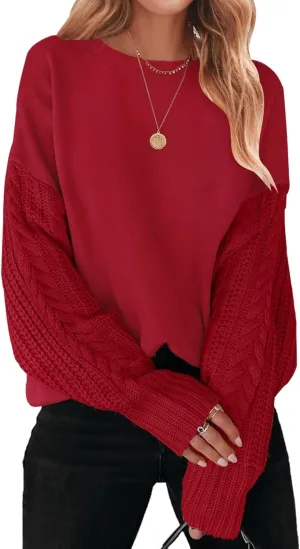 ZESICA Women's Fall Long Sleeve Crew Neck Solid Color Cable Knit Chunky Casual Oversized Pullover Sweater Tops