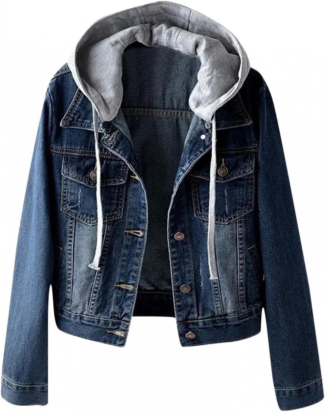 ZHUER Women's Oversize Denim Jacket Vintage Detachable Hoodies Casual Long Sleeve Button Up Boyfriend Jean Coat with Pocket