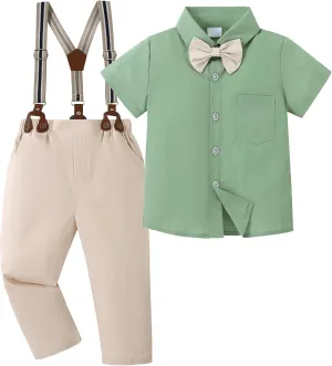 ZOEREA Boys Clothes Formal Suit Gentleman Wedding Outfit Short Sleeve Shirt with Bow Tie and Suspender Pants 2-10 Years