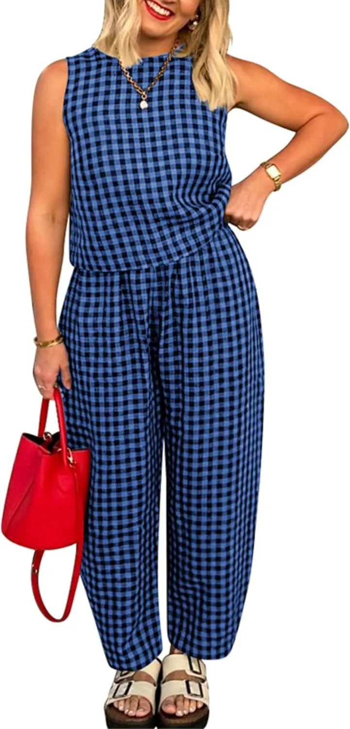 Zontroldy Women's Summer Casual Two Piece Outfits Gingham Crop Tank Tops with Long Pants Tracksuits