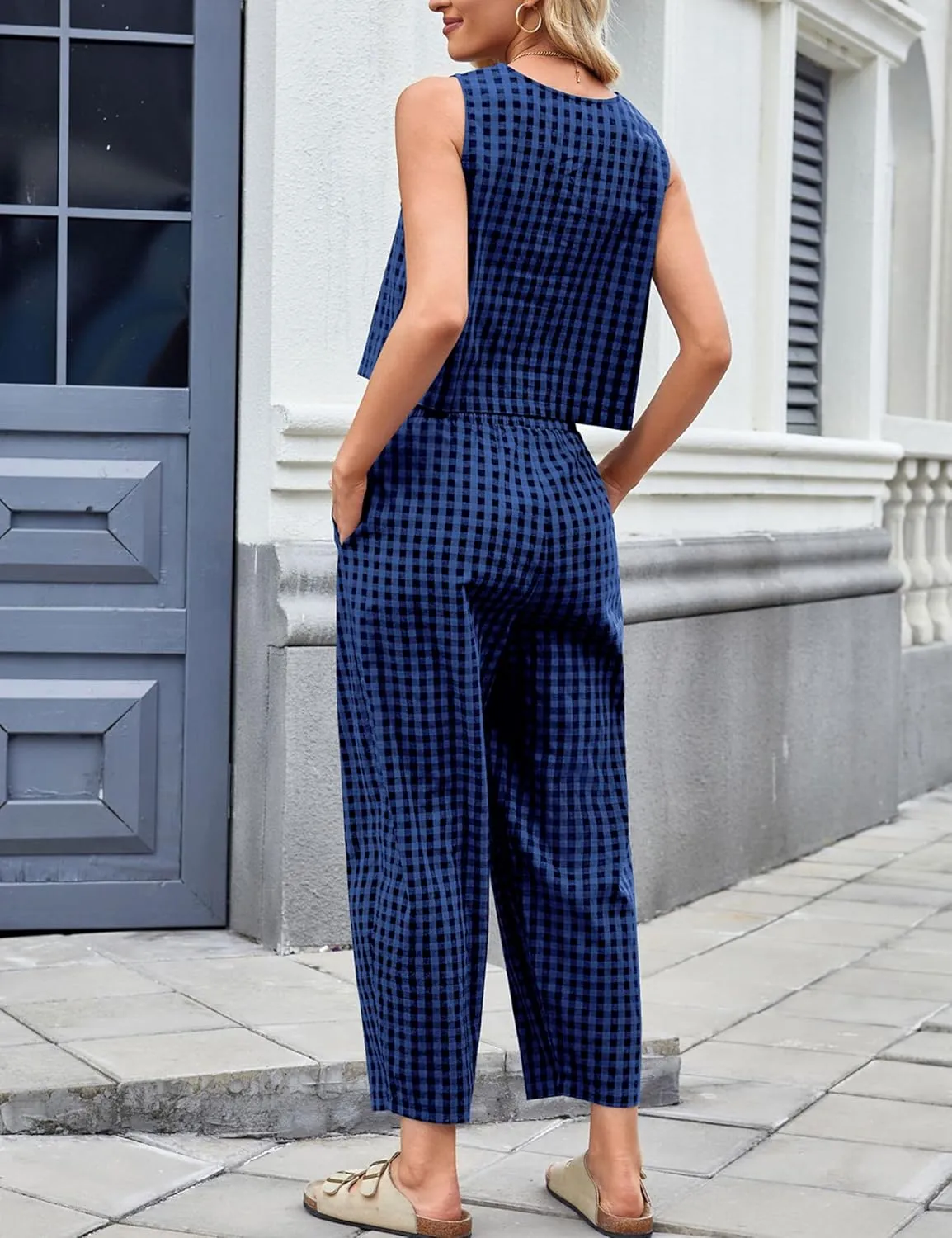 Zontroldy Women's Summer Casual Two Piece Outfits Gingham Crop Tank Tops with Long Pants Tracksuits