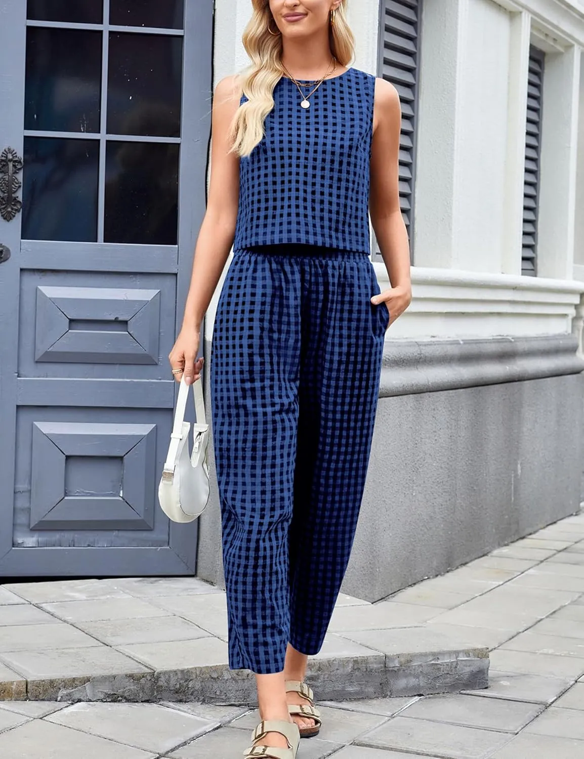 Zontroldy Women's Summer Casual Two Piece Outfits Gingham Crop Tank Tops with Long Pants Tracksuits