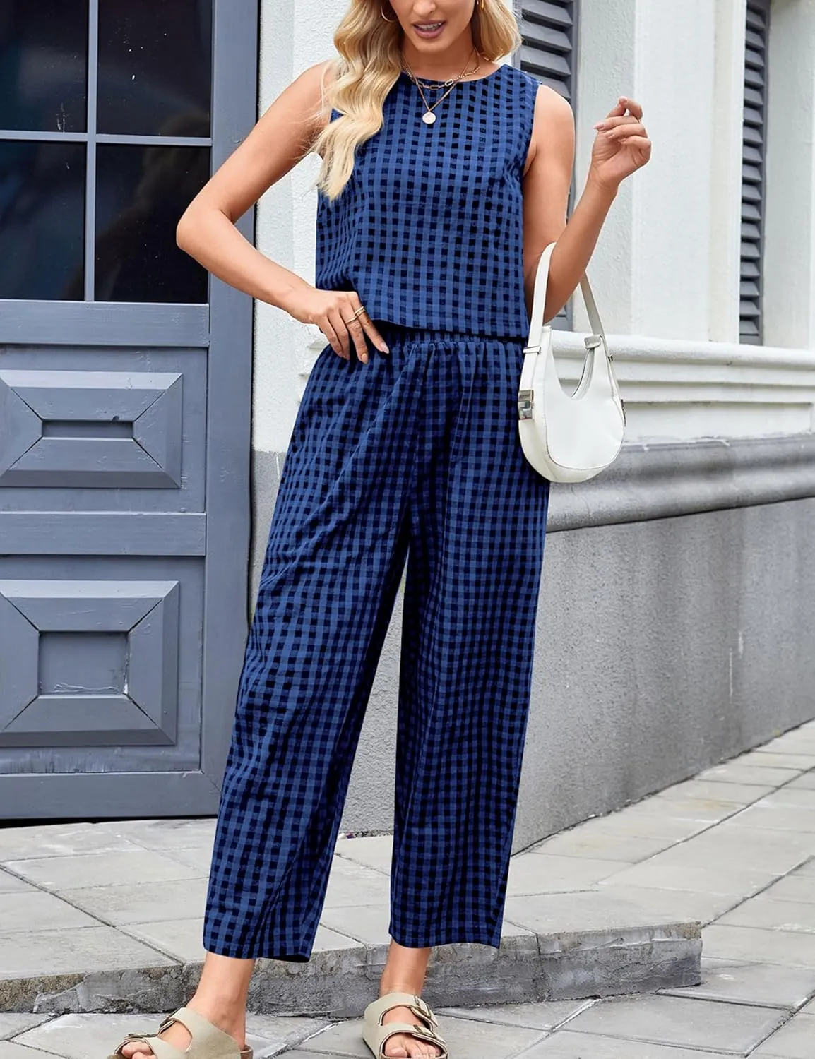 Zontroldy Women's Summer Casual Two Piece Outfits Gingham Crop Tank Tops with Long Pants Tracksuits