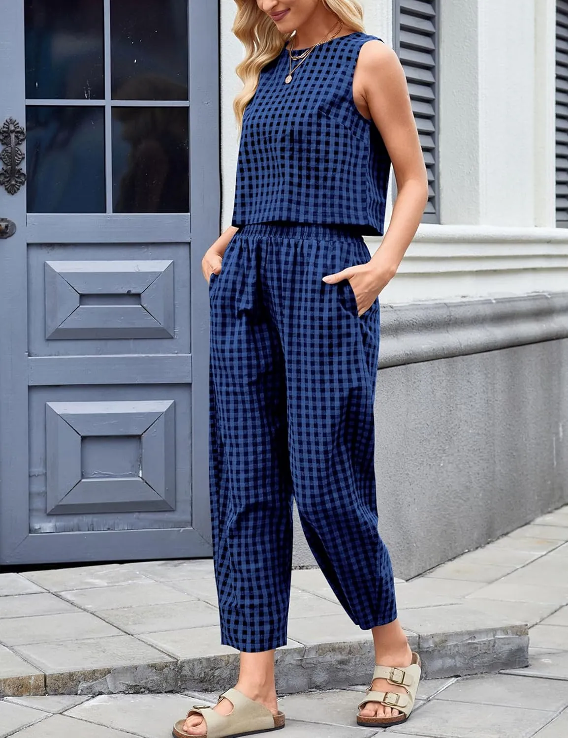Zontroldy Women's Summer Casual Two Piece Outfits Gingham Crop Tank Tops with Long Pants Tracksuits