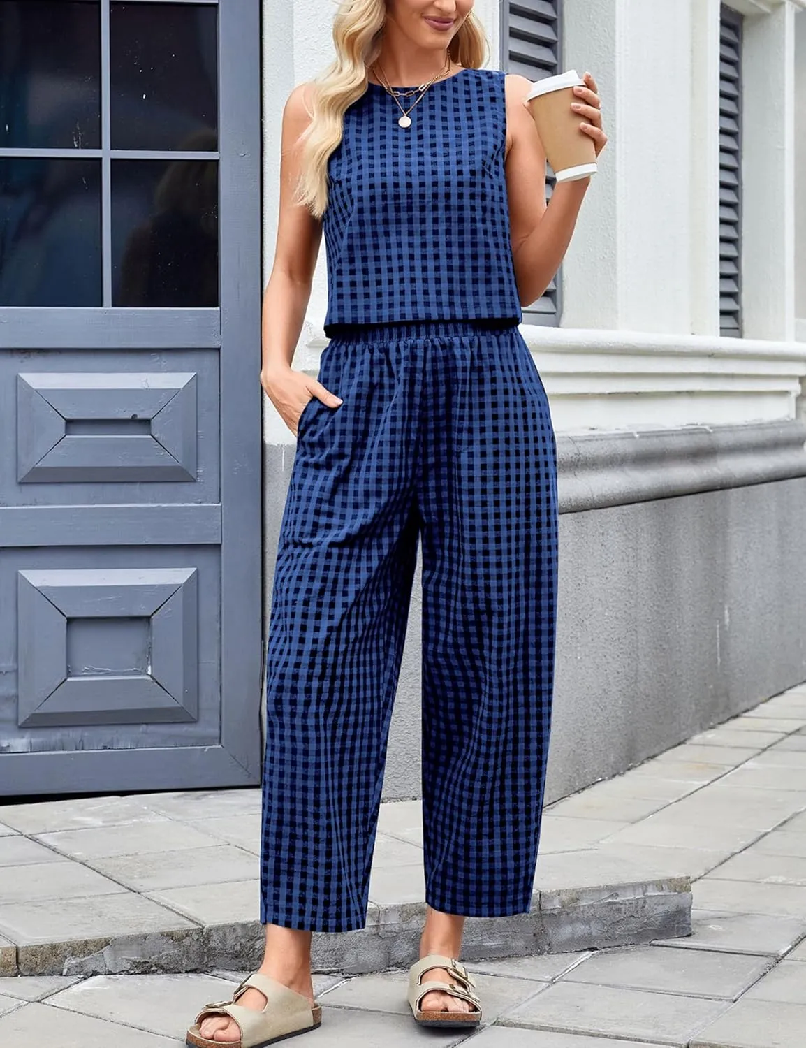 Zontroldy Women's Summer Casual Two Piece Outfits Gingham Crop Tank Tops with Long Pants Tracksuits